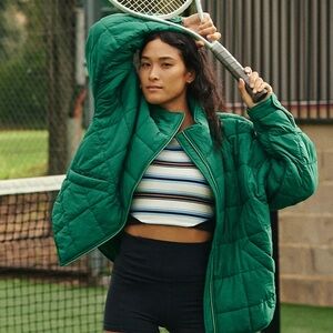 Free People Green Puffer Jacket with Quilted Design and Relaxed Fit